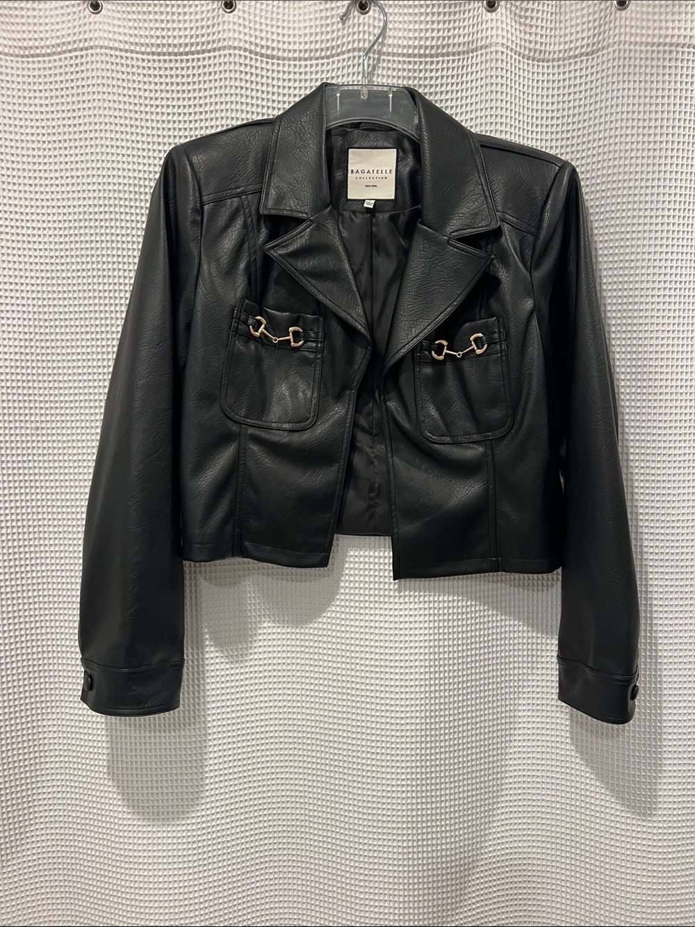 bagatelle Black Faux Leather Cropped Jacket with Gold Hardware